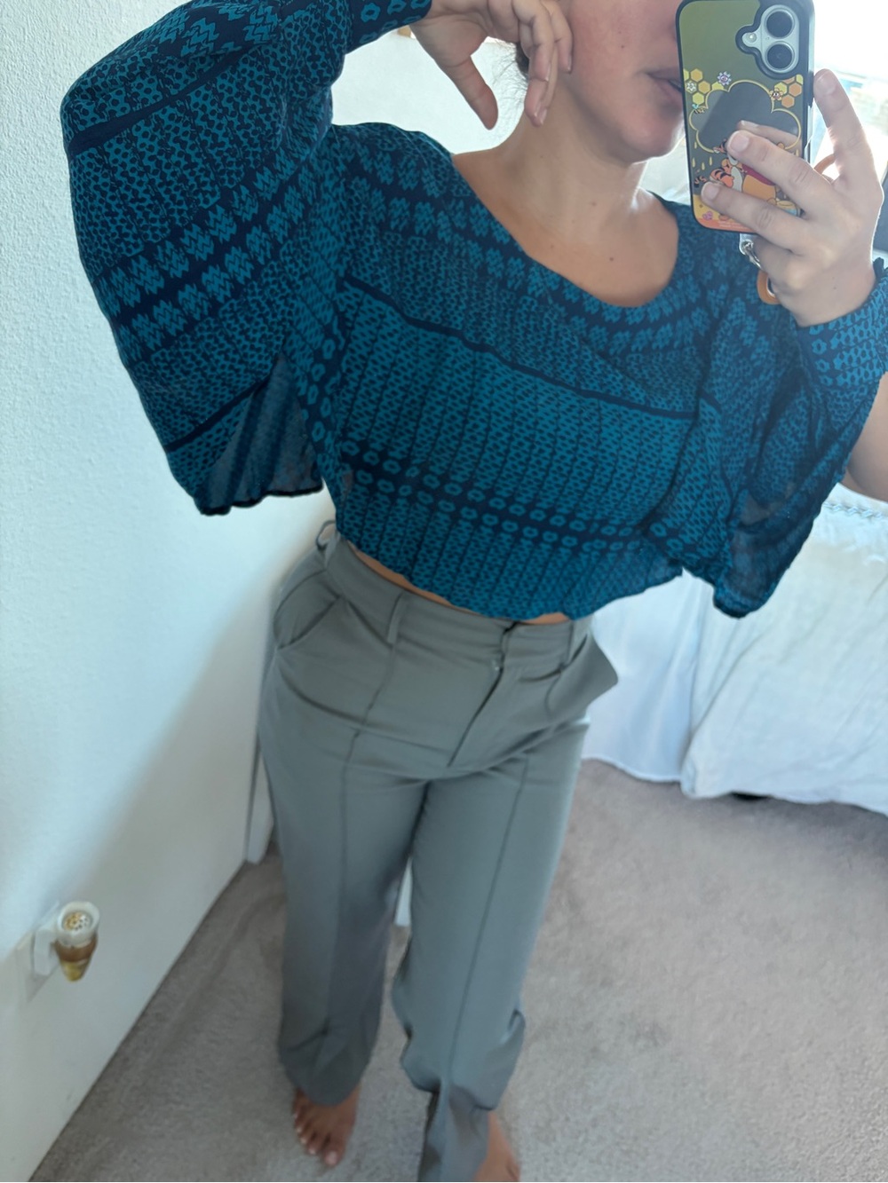 MANAOLA Blue Kapa Print Batwing Crop Top XS/S